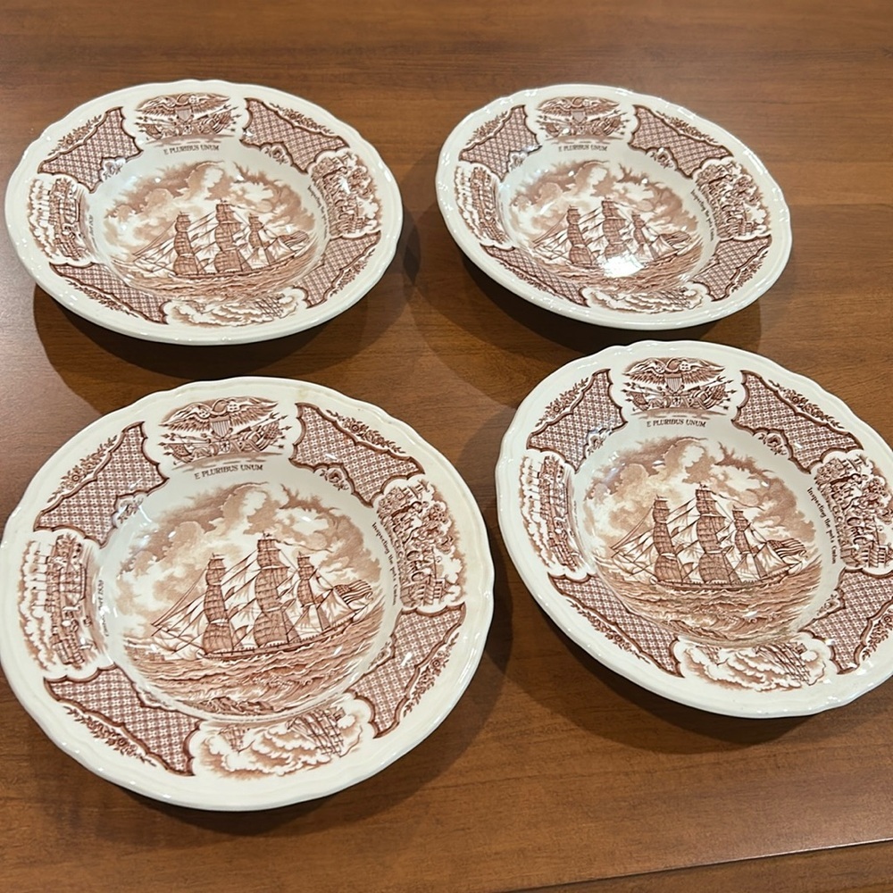Brown and White Transferware Dinnerware, soup bowls Alfred Meakin Fair Winds​